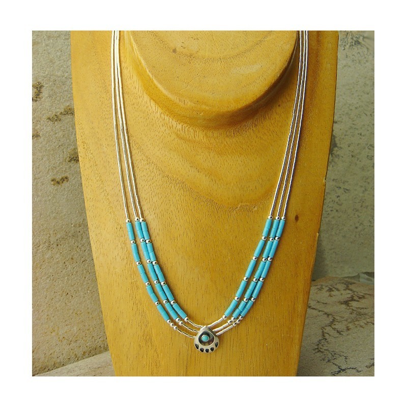 Collier 3 rangs turquoise et argent 925