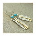 Boucles d'oreilles "plumes d'aigle" en turquoise, argent 925 et or fin