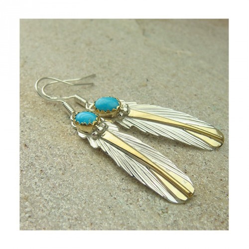 Boucles d'oreilles "plumes d'aigle" en turquoise, argent 925 et or fin