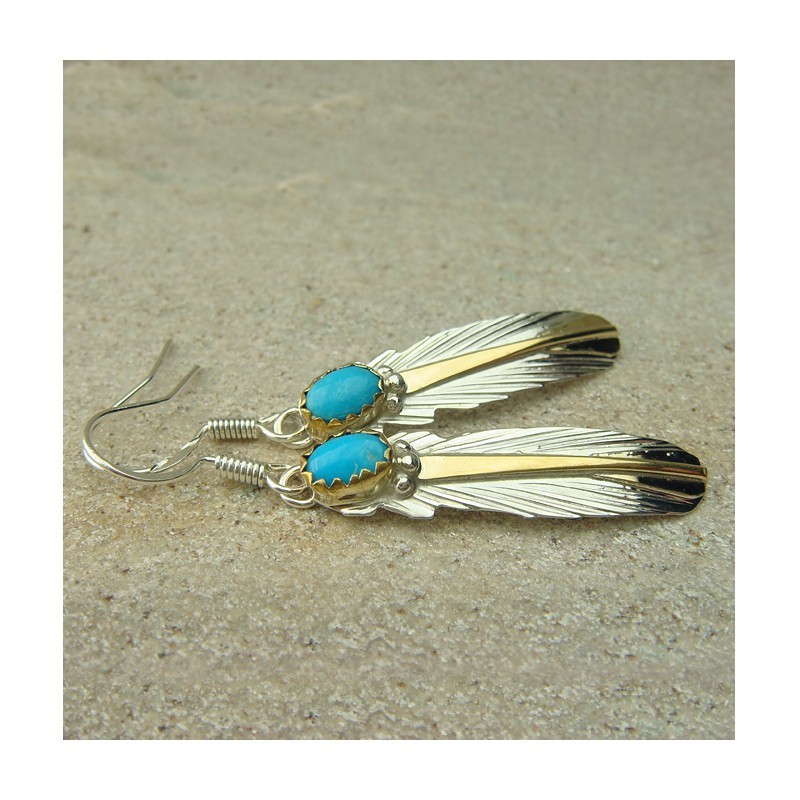 Boucles d'oreilles "plumes d'aigle" en turquoise, argent 925 et or fin