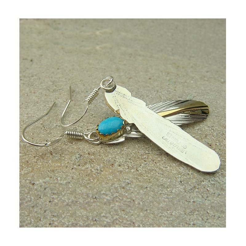 Boucles d'oreilles "plumes d'aigle" en turquoise, argent 925 et or fin