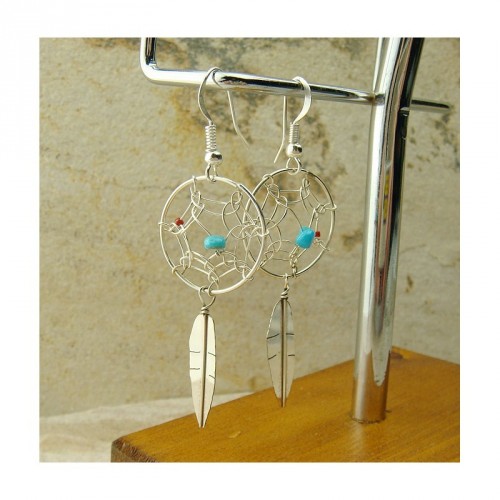 Boucles d'oreilles "attrapes rêves" en turquoise, corail et argent 925