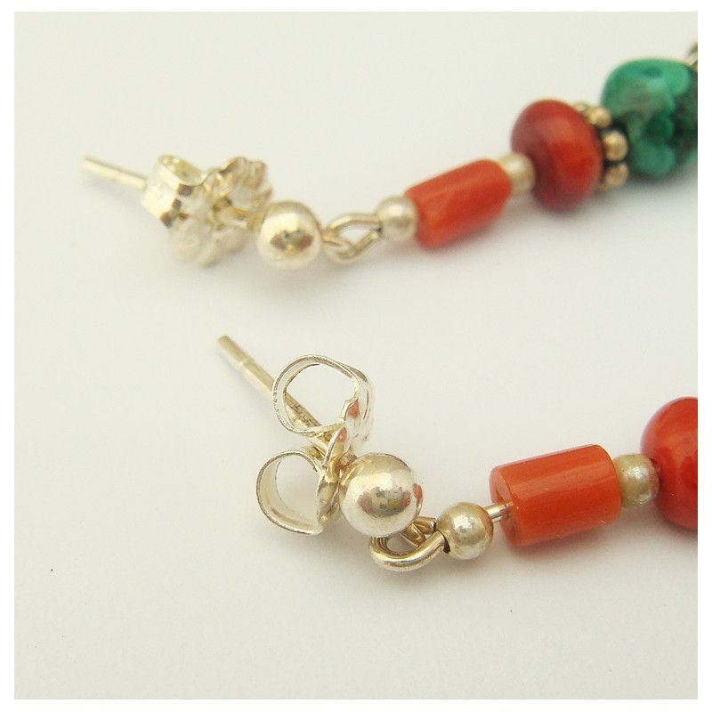 Boucles d'oreilles en ambre, malachite et corail